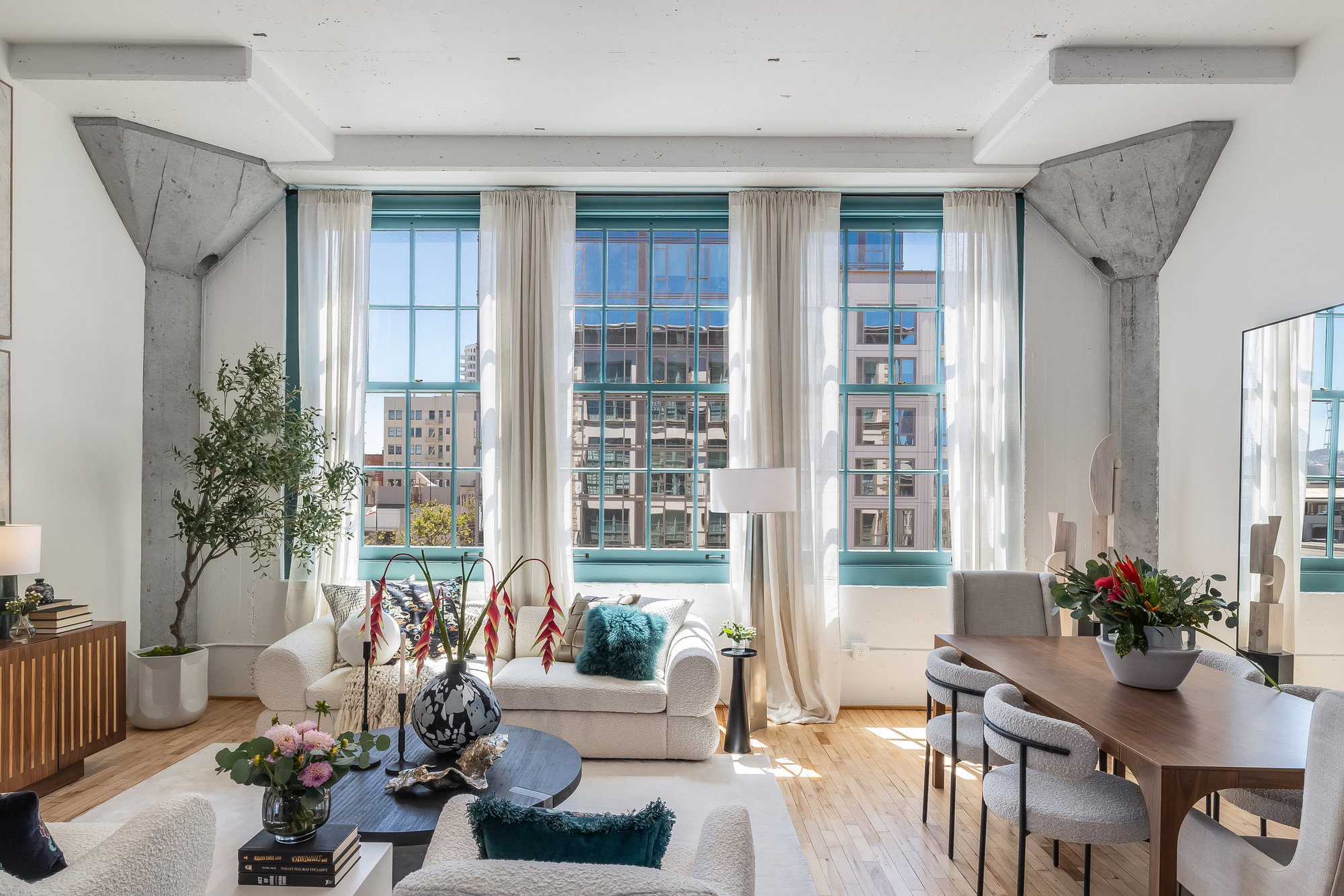 Living room with blue-trimmed windows